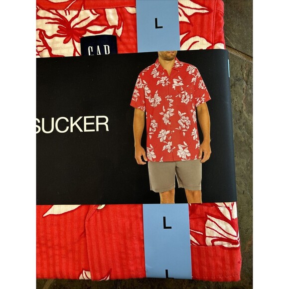 Gap Men Short Sleeve Seersucker Shirt L Cayenne Flower Fill New Red Relaxed - Picture 3 of 12
